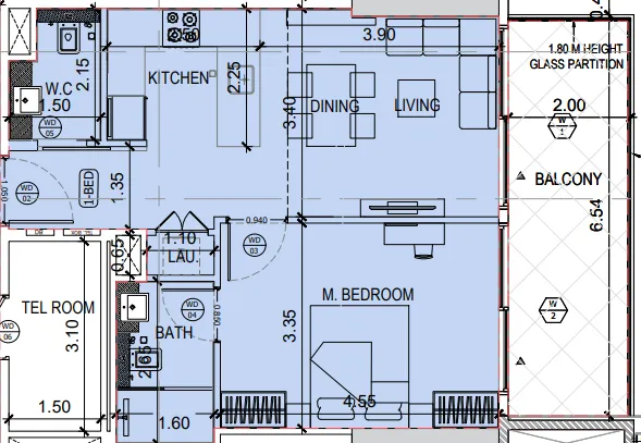 Binghatti Amberhall 1 bed floor plan, 707 sqft