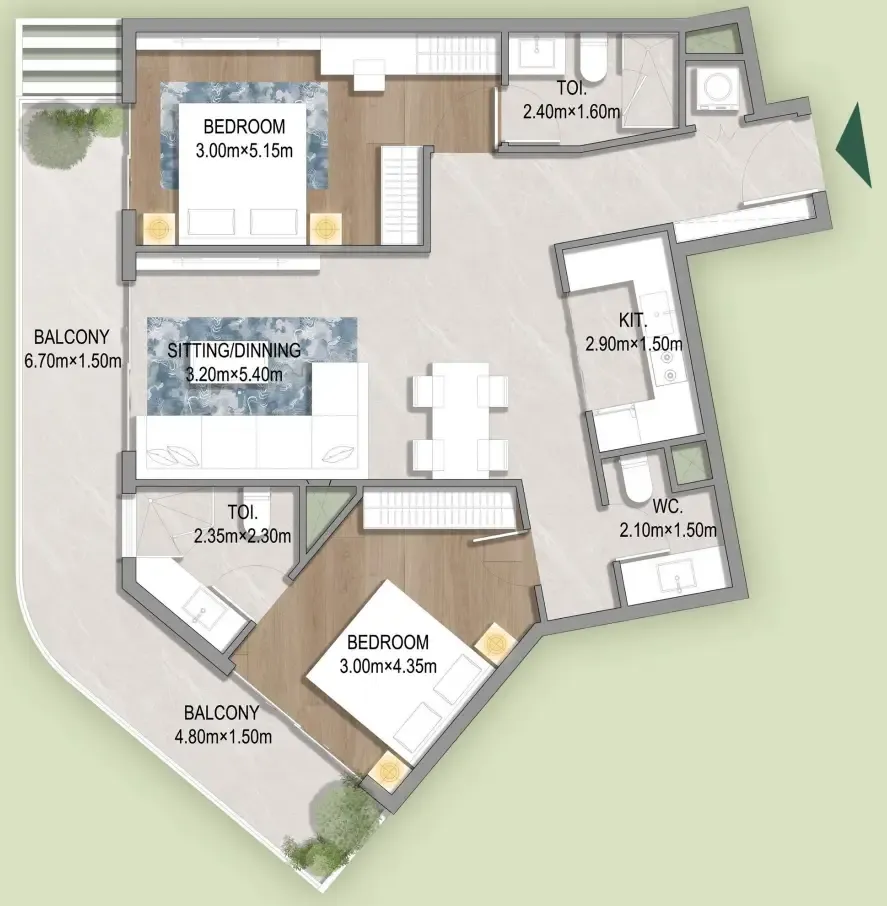 Oasis Residences 2 bed floor plan, 1,038 sqft