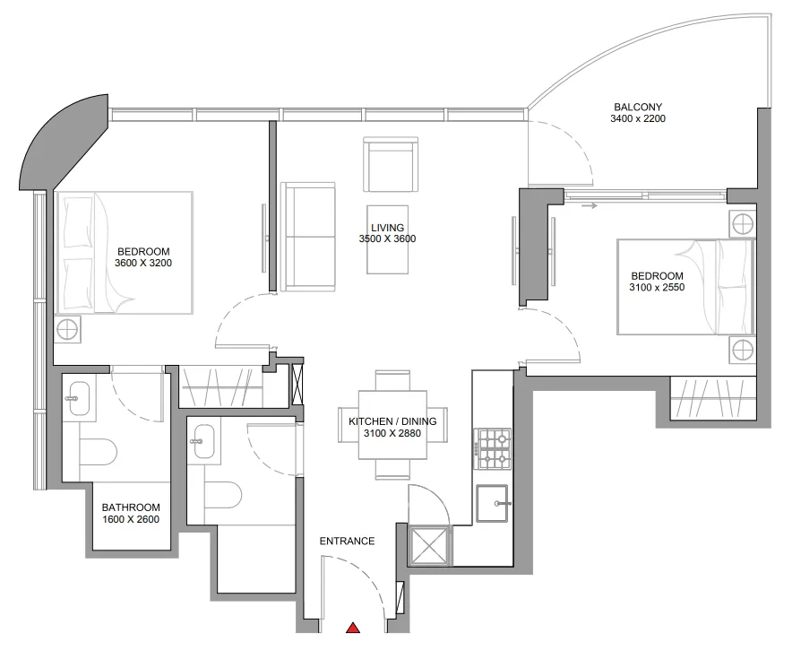Sobha Aquamont 2 bed floor plan, 730 sqft