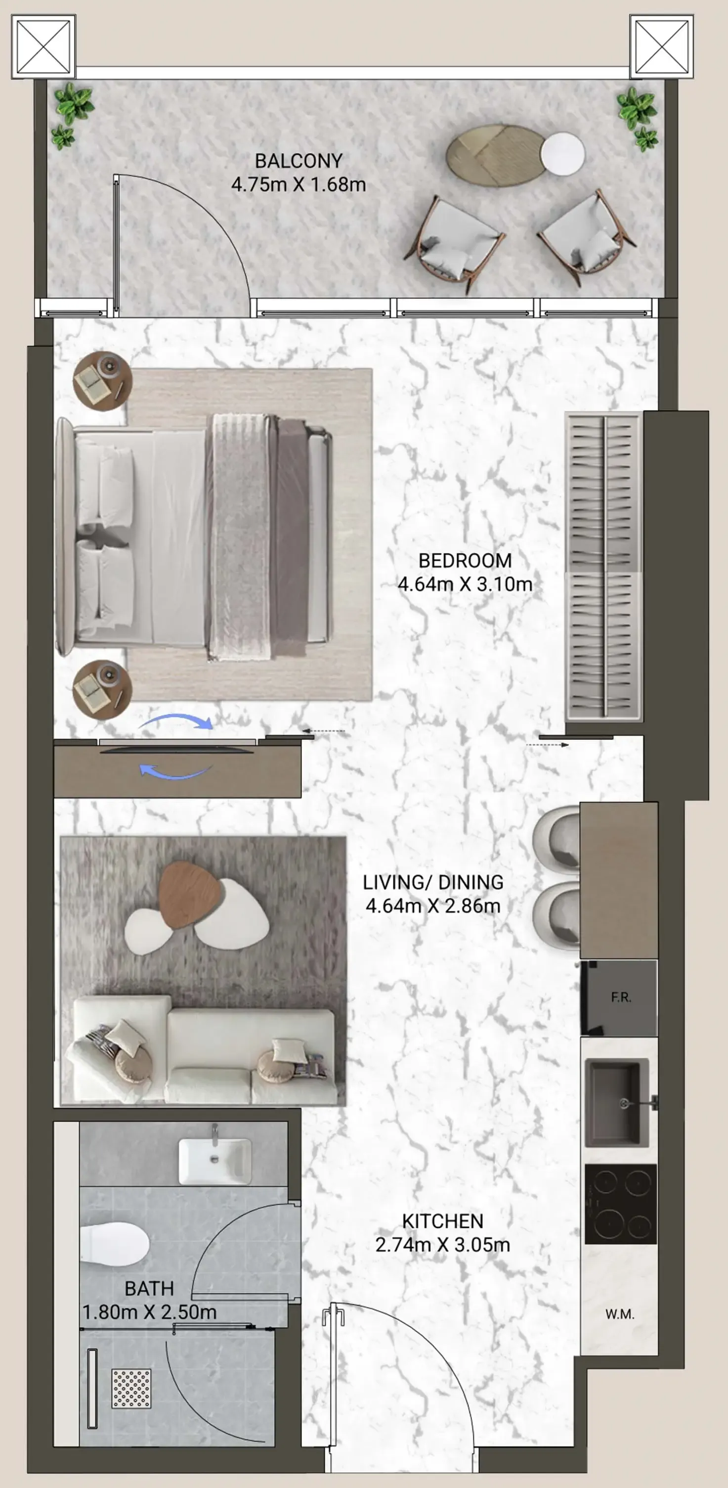 V-Suites Studio floor plan, 549 sqft