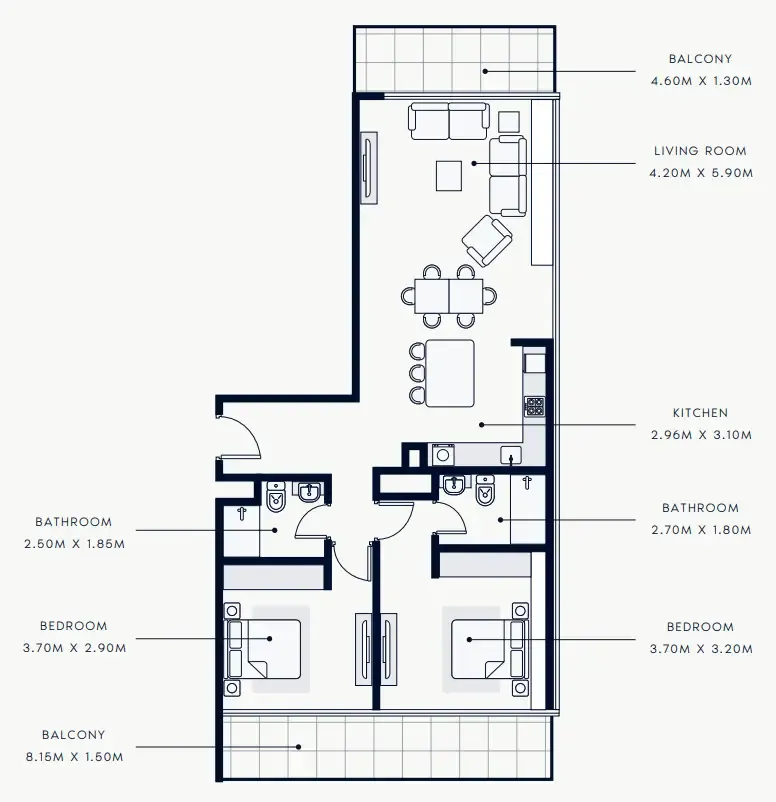 Riviera Rêve 2 bed floor plan, 1,218 sqft