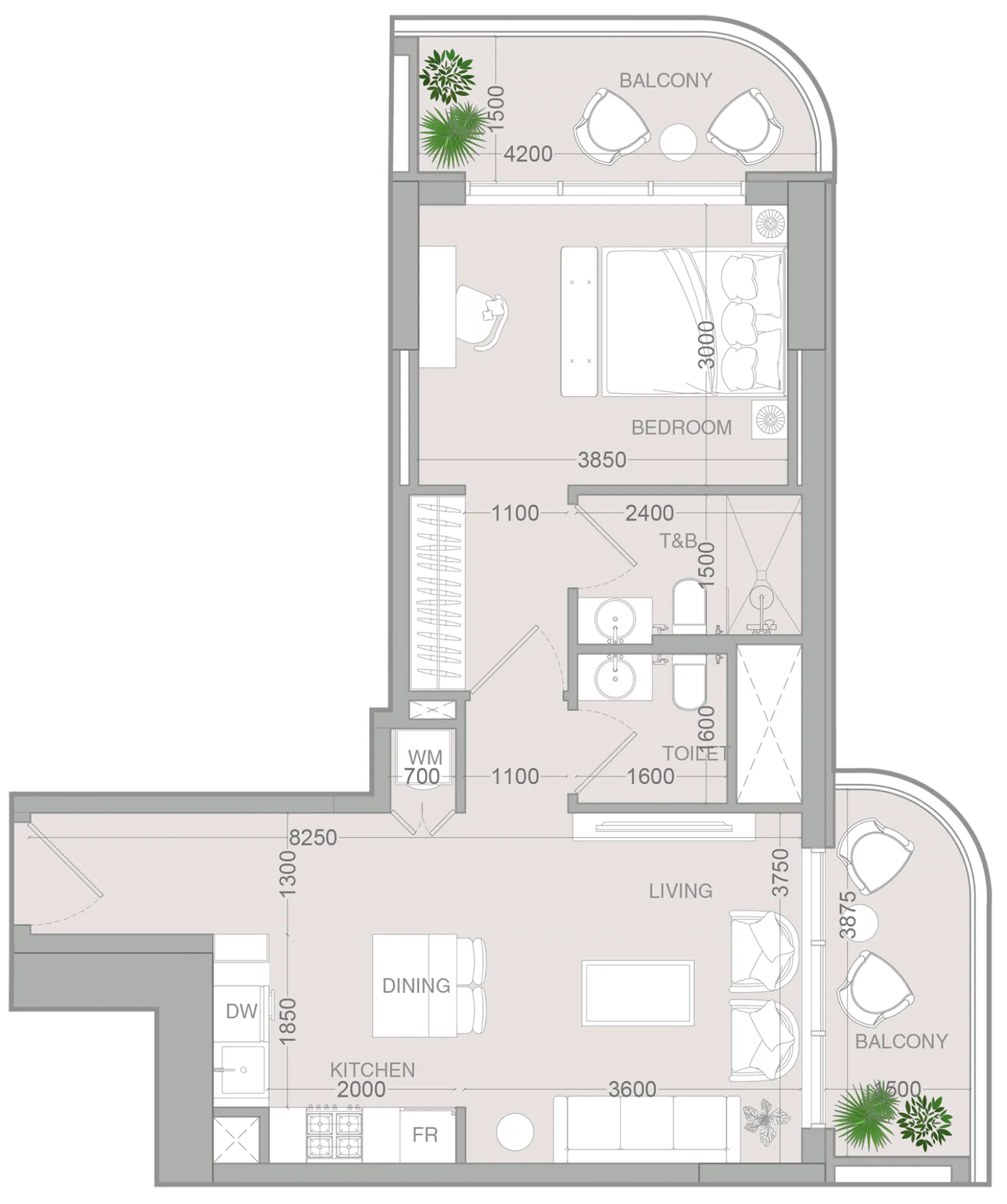 ALTA V1EW 1 bed floor plan, 747 sqft