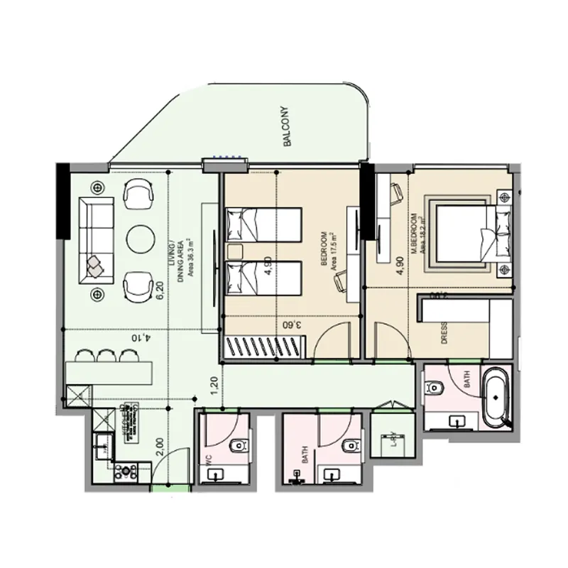 Edgewater Residences 1, 2 and 3 2 bed floor plan, 1,161 sqft
