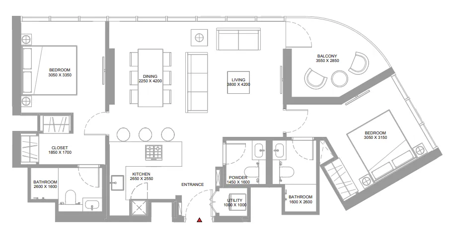 Pierside Marina Residences 2 bed floor plan, 1,021 sqft