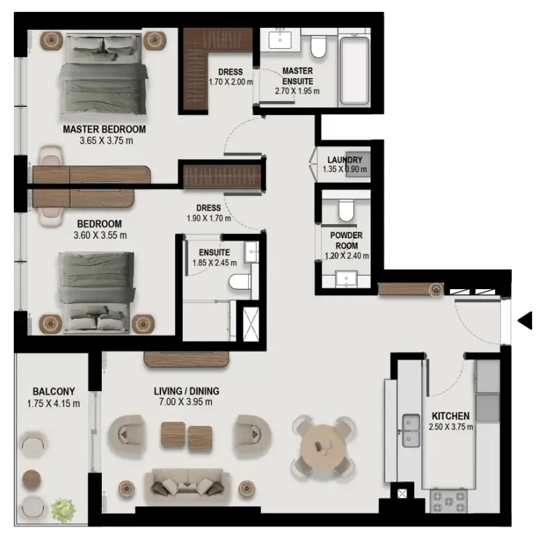 Boulevard Park at Wasl Gate 2 bed floor plan, 1,289 sqft