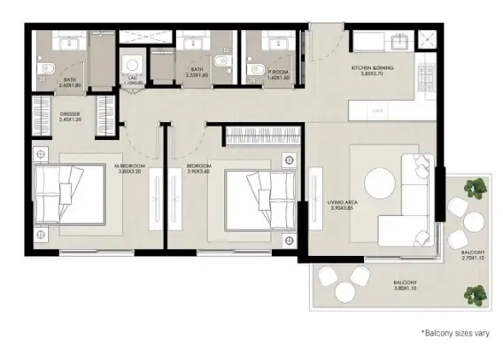 Rosewell 2 bed floor plan, 946 sqft