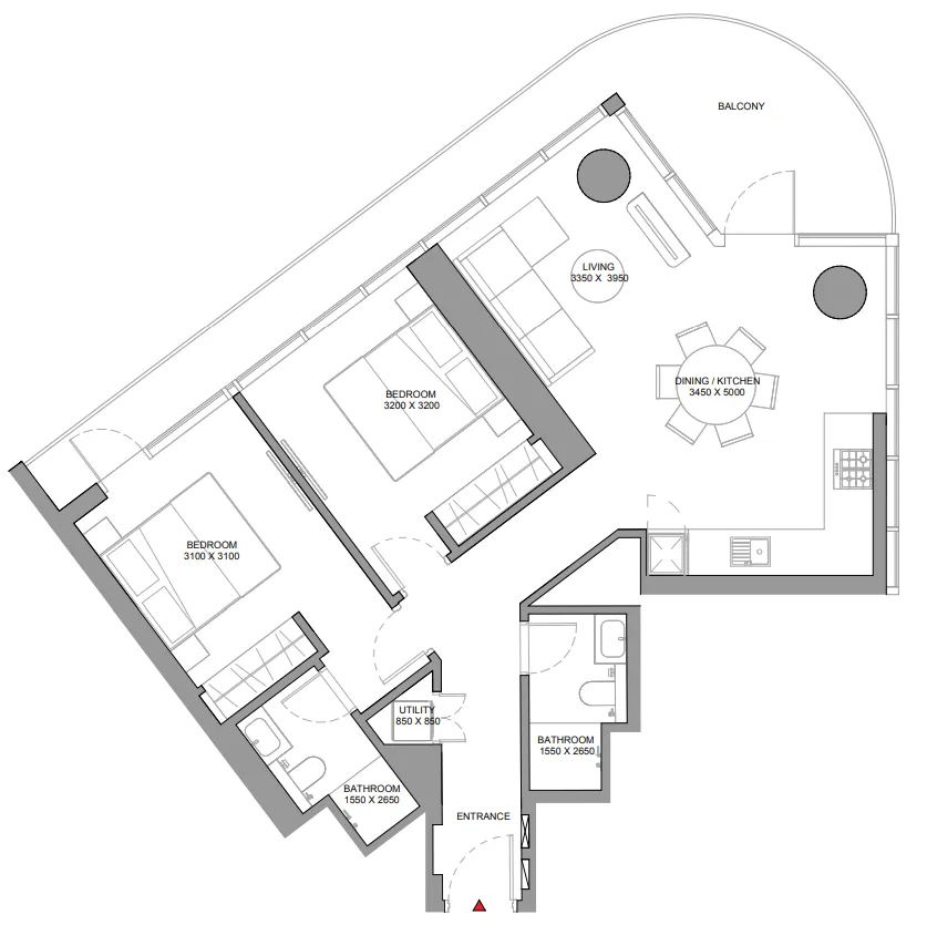 Sobha Solis 2 bed floor plan, 1,126 sqft