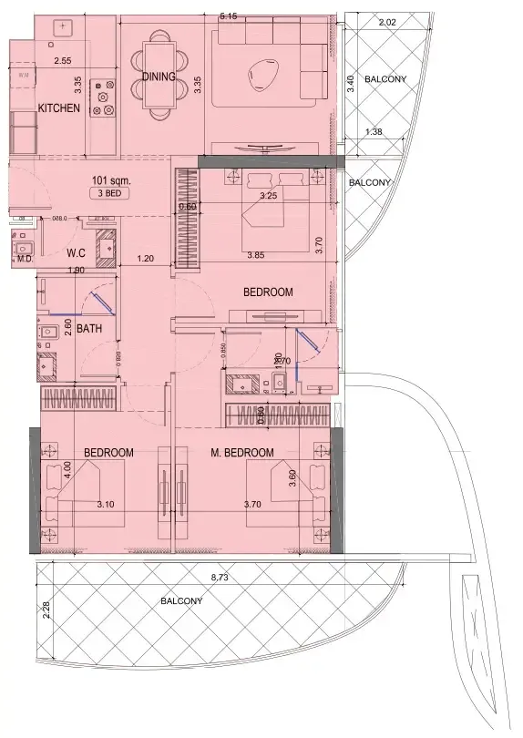 Project Maybach 3 bed floor plan, 1,372 sqft