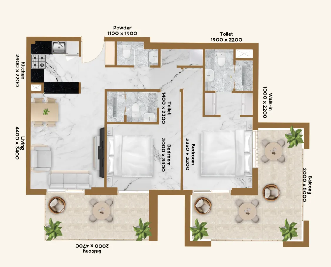 RR Residence 2 bed floor plan, 1,137 sqft