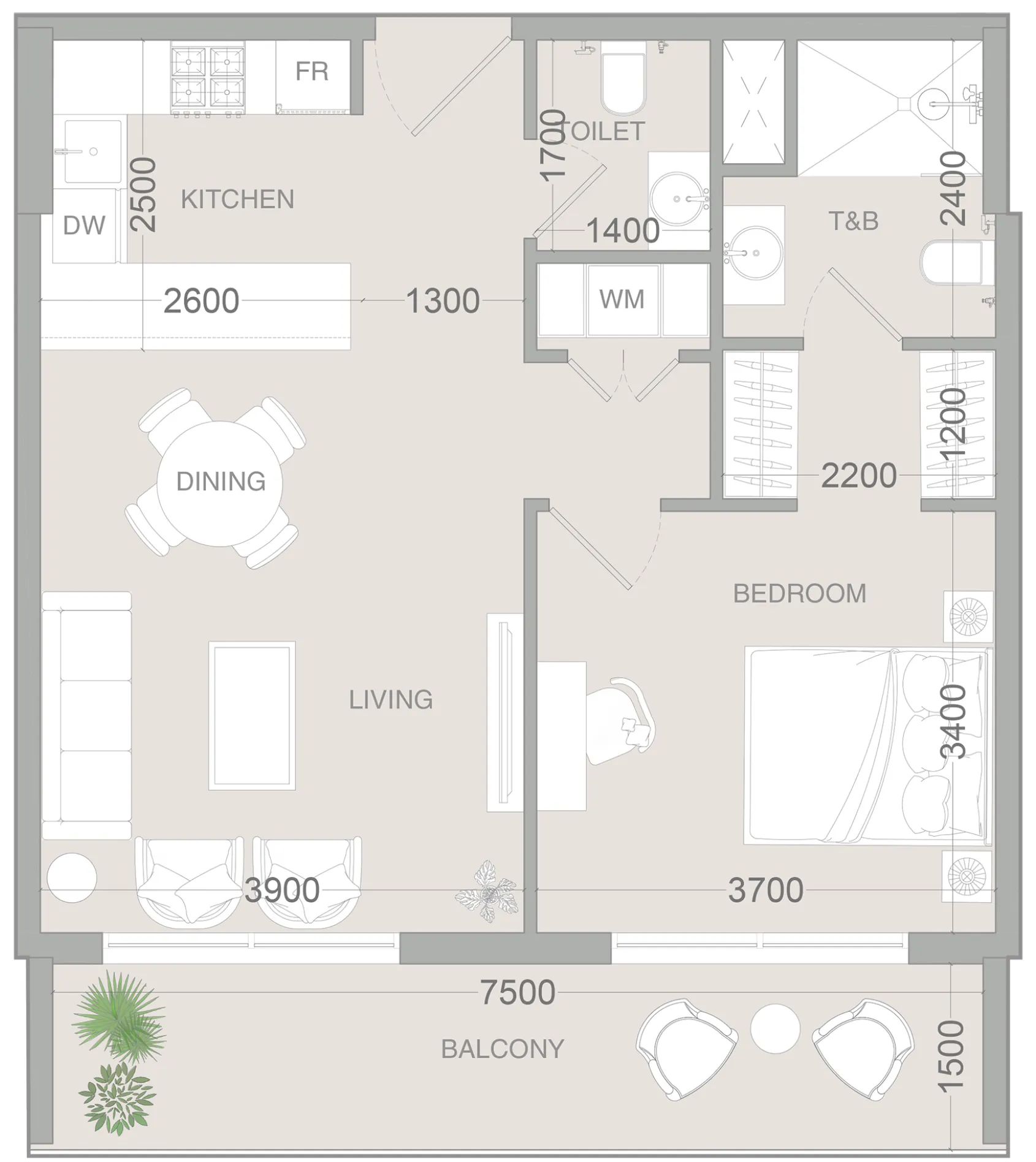VERDAN1A 3 1 bed floor plan, 761 sqft
