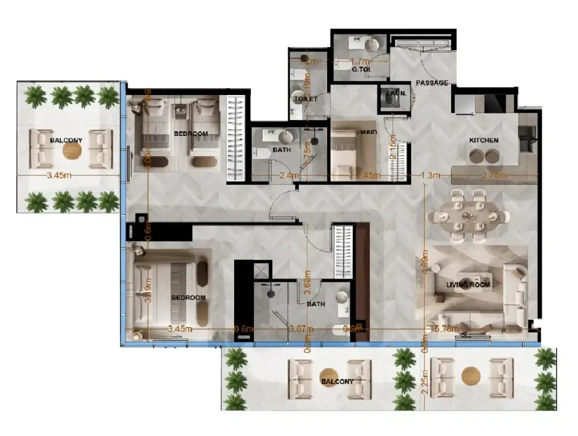 Radiant Terrace 2 bed floor plan, 1,603 sqft