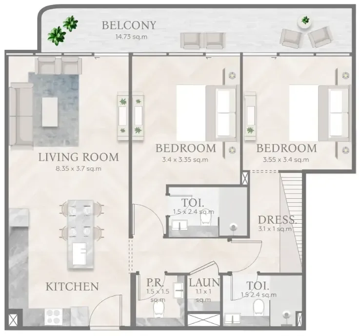 Casa Aura Residence 2 bed floor plan, 1,070 sqft