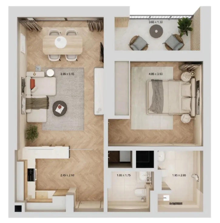Arisha Terraces 1 bed floor plan, 726 sqft