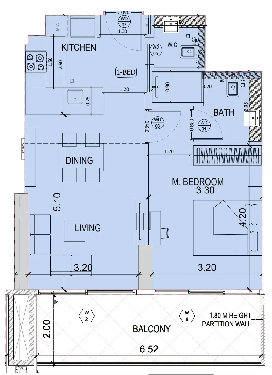 Binghatti Amberhall 1 bed floor plan, 738 sqft