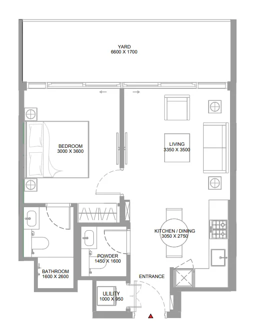 Pearlside Marina Residences 1 bed floor plan, 653 – 663 sqft