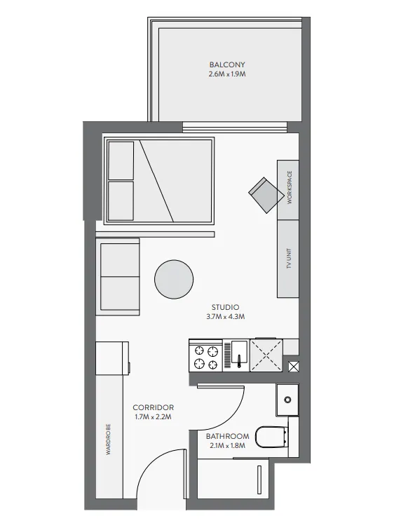 Equiti Gate Studio floor plan, 369 – 370 sqft