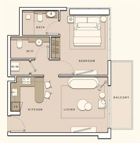 Lume Residences 1 bed floor plan, 677 sqft