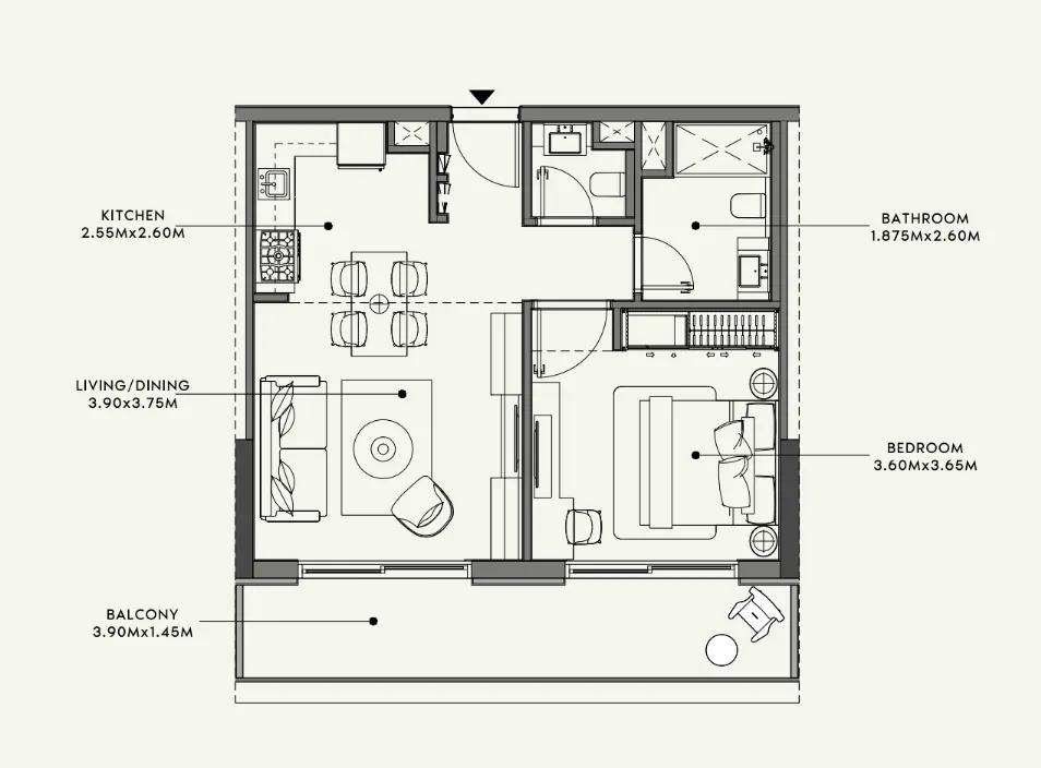 Azizi Venice 1 bed floor plan, 689 sqft