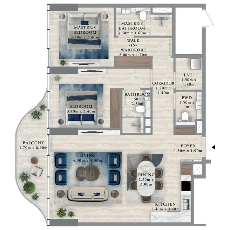 Royal Yacht Club Residence 2 bed floor plan, 1,190 sqft