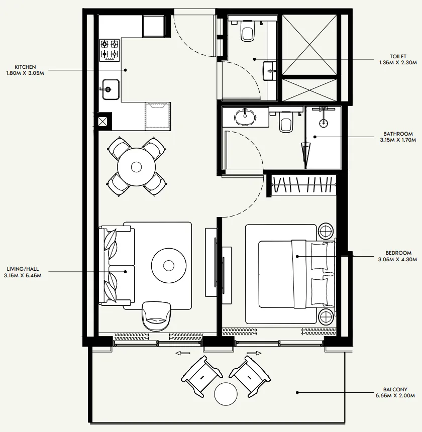 Azizi Venice 1 bed floor plan, 735 sqft