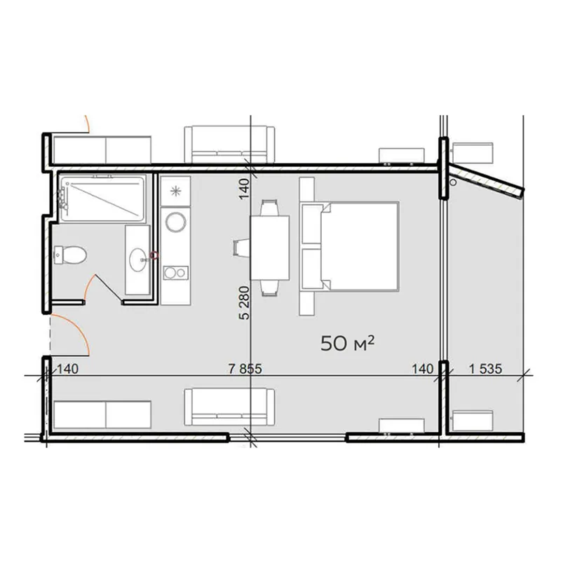 Pandawa Residence 1 bed floor plan, 538 sqft