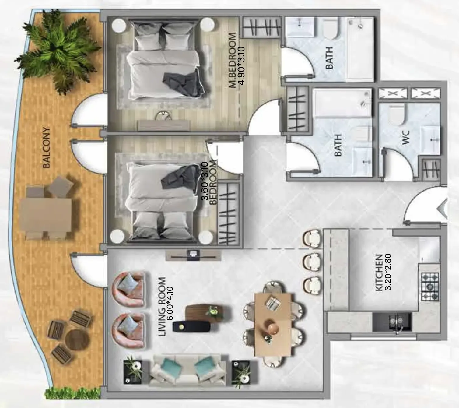 311 Boulevard 2 bed floor plan, 1,252 sqft