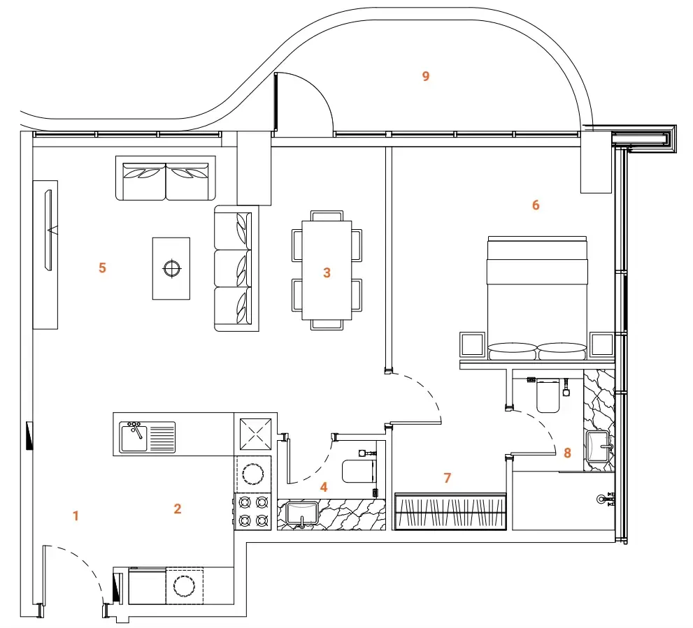 The Orchard Place Towers A & B 1 bed floor plan, 827 sqft