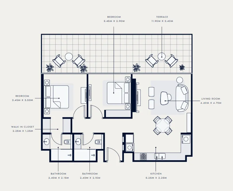 Azizi Venice 2 bed floor plan, 1,385 sqft