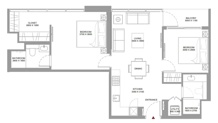 Pristine Beach Residences 2 bed floor plan, 840 sqft