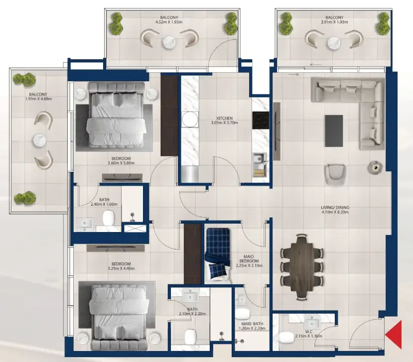 Al Vista 2 bed floor plan, 1,450 sqft