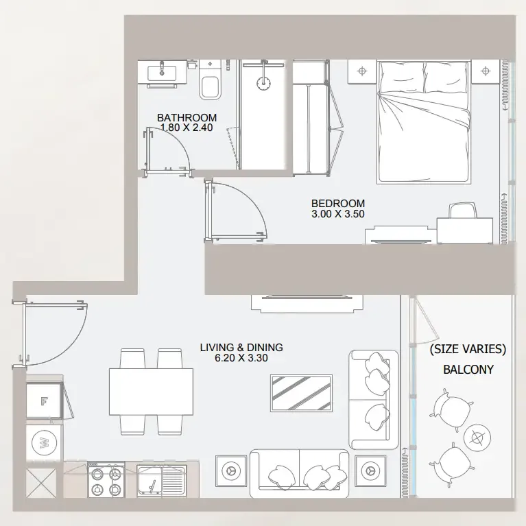 Vista 3 1 bed floor plan, 548 – 590 sqft