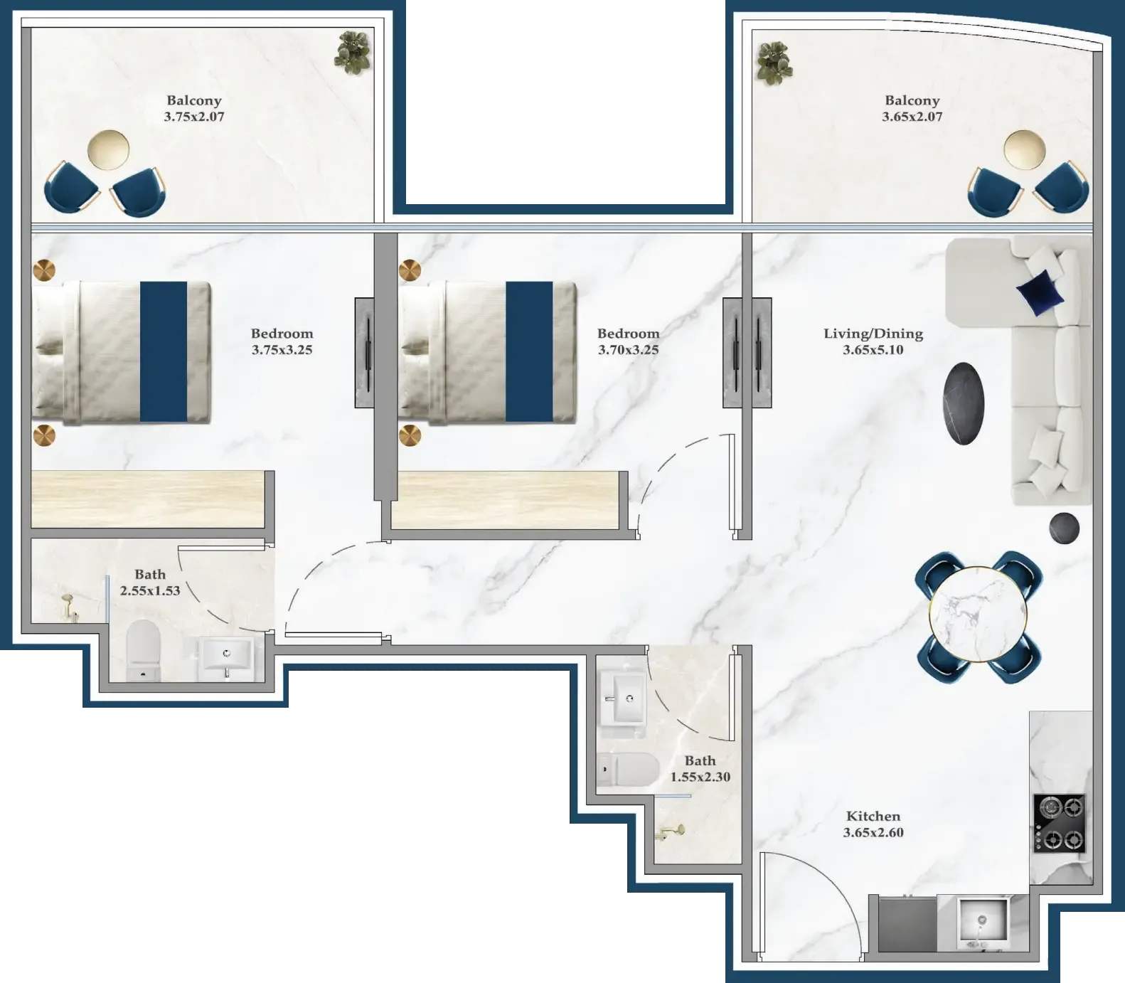 Serenz 2 bed floor plan, 863 – 864 sqft