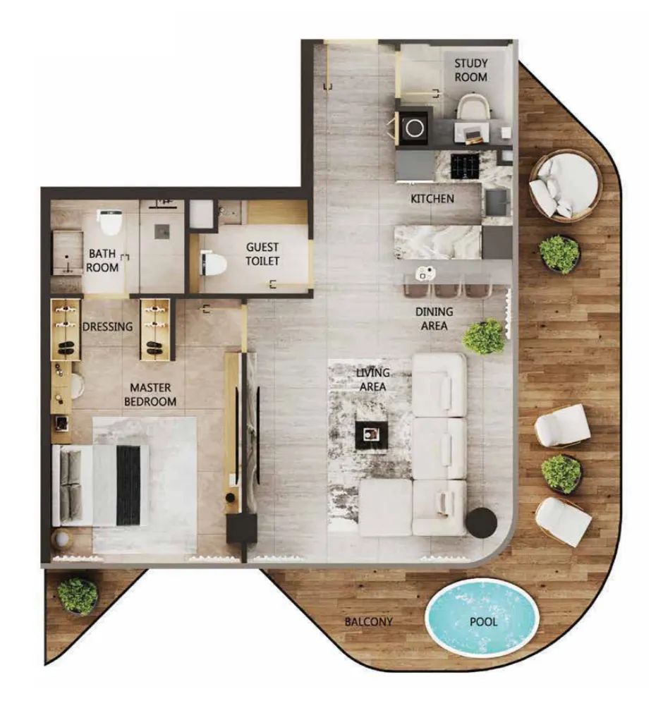 Arya Residences 1 bed floor plan, 1,117 sqft