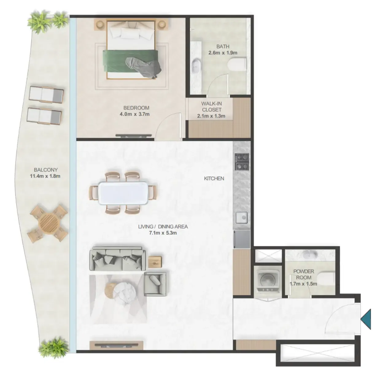 Oystra 1 bed floor plan, 1,078 sqft