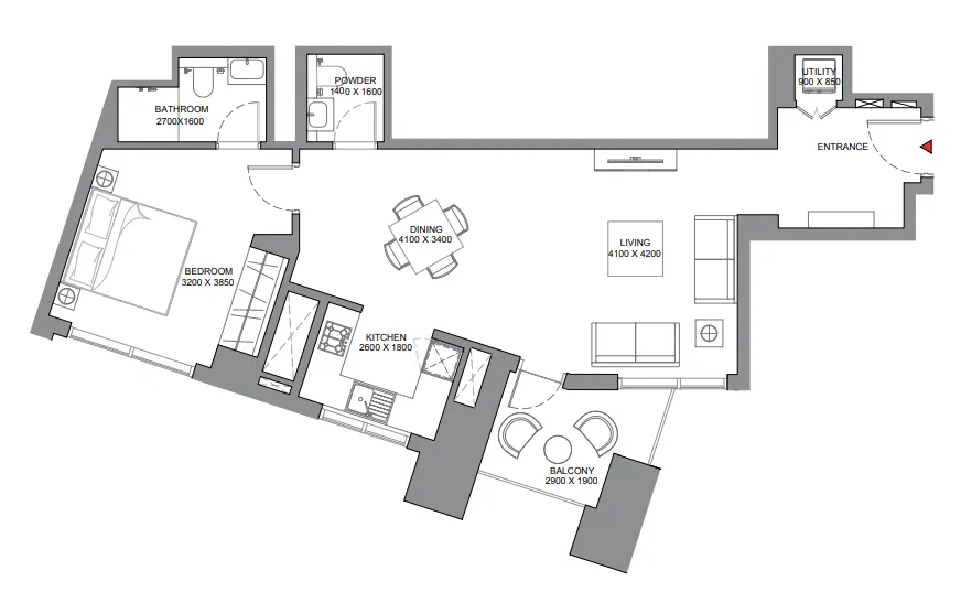 Skyscape 1 bed floor plan, 846 sqft