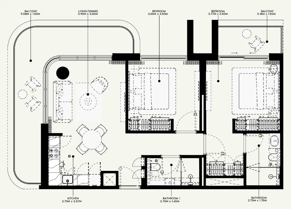 Azizi Venice 2 bed floor plan, 1,108 sqft