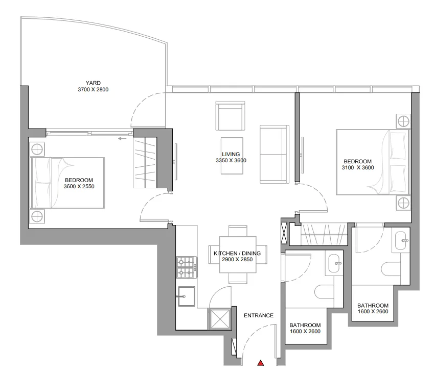 Sobha Aquamont 2 bed floor plan, 762 sqft