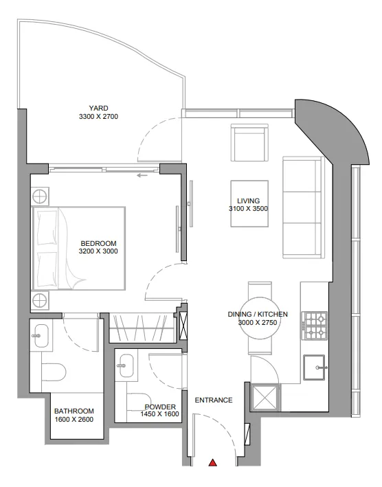 Sobha Aquamont 1 bed floor plan, 601 sqft