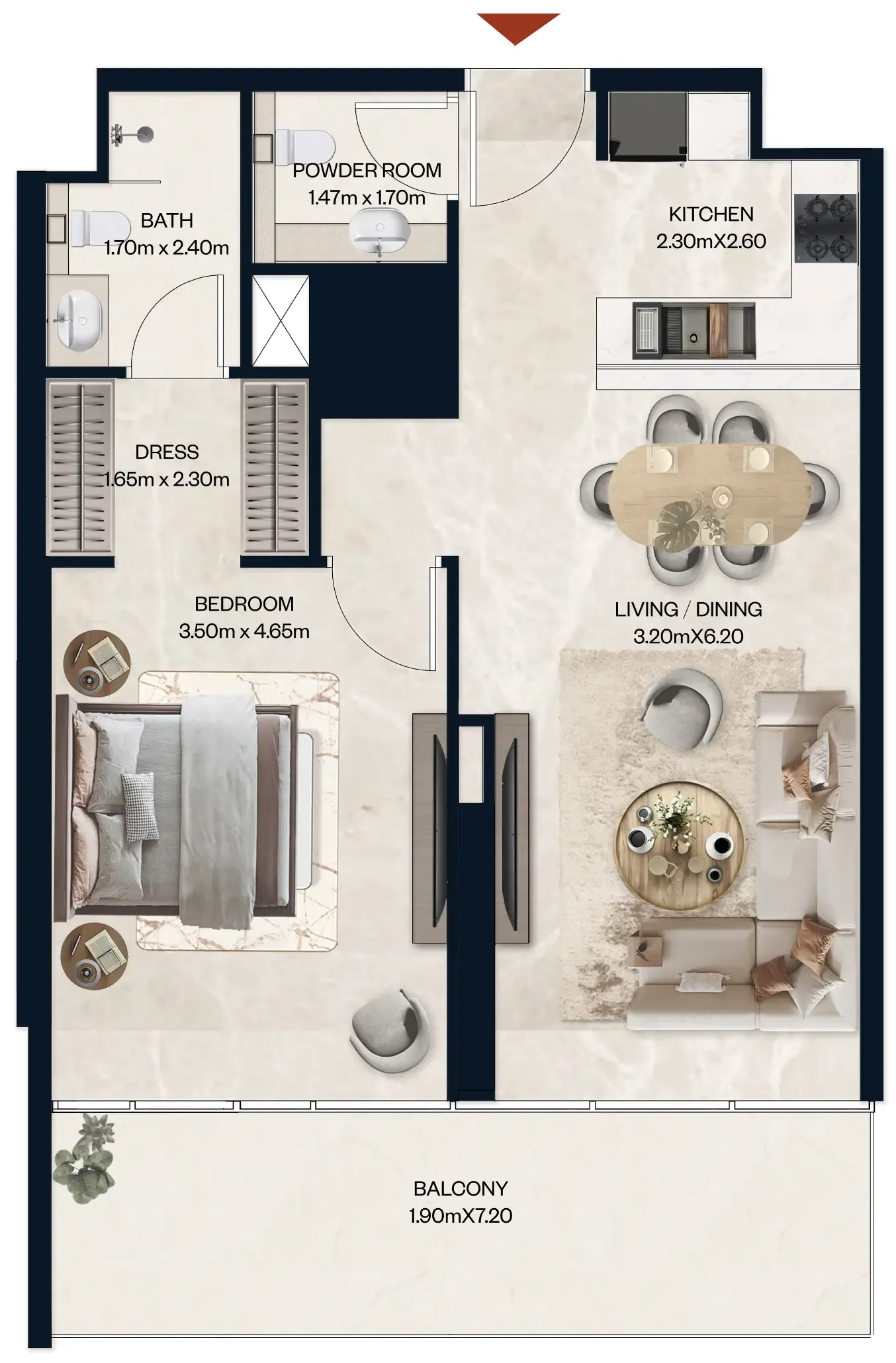 Norah Residence 1 bed floor plan, 840 sqft