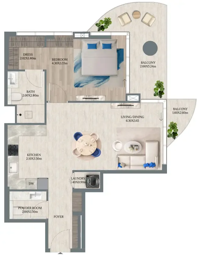Maravea Residences 1 bed floor plan, 945 sqft