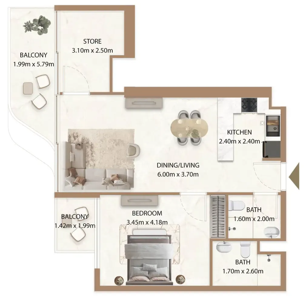 Veda by AUM Development 1 bed floor plan, 857 sqft