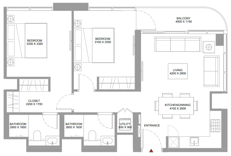 Pristine Beach Residences 2 bed floor plan, 863 – 864 sqft