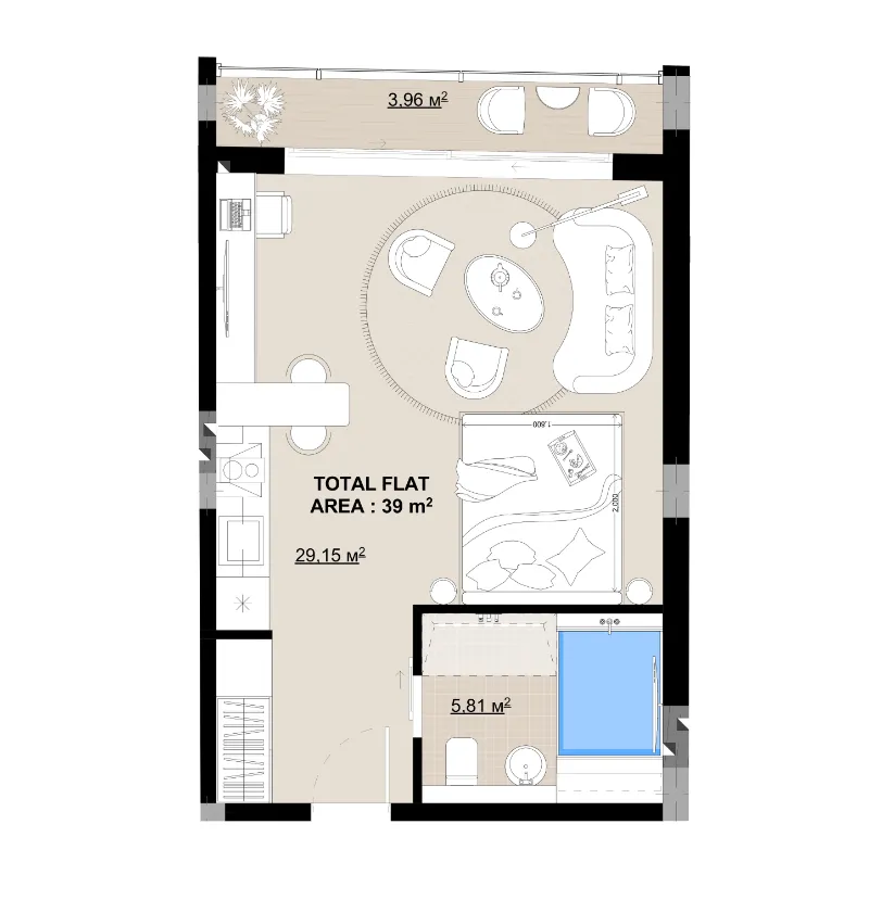 Buddha Club House Studio floor plan, 419 sqft
