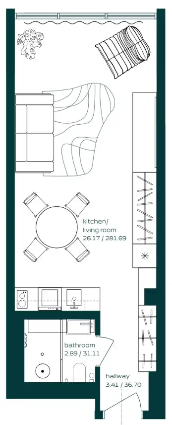 Vibe Studio floor plan, 398 sqft