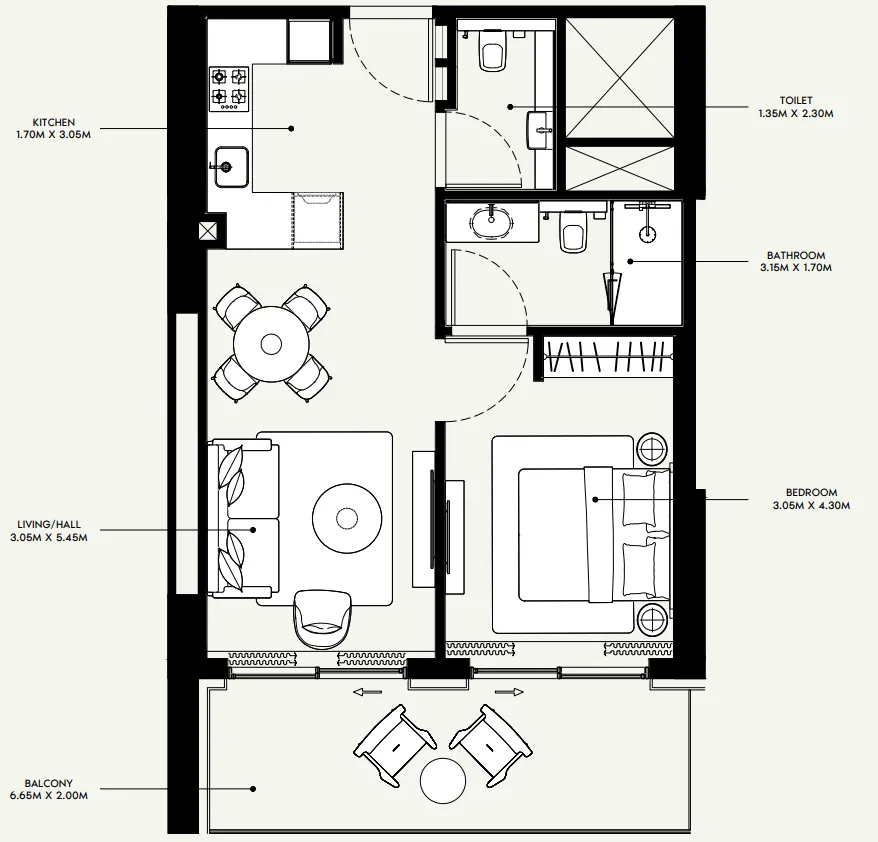 Azizi Venice 1 bed floor plan, 732 sqft