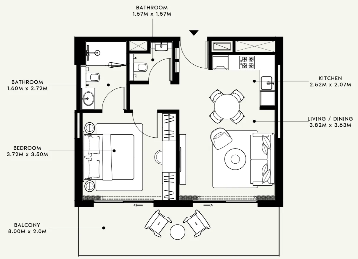 Azizi Venice 1 bed floor plan, 724 sqft