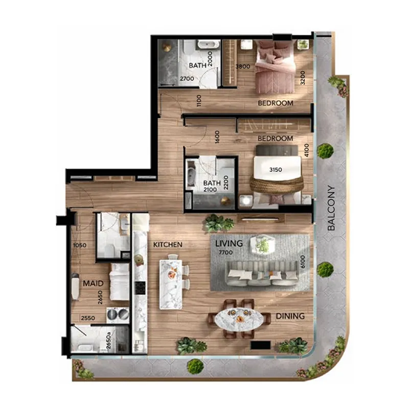 Radiant Atrium 2 bed floor plan, 1,701 sqft