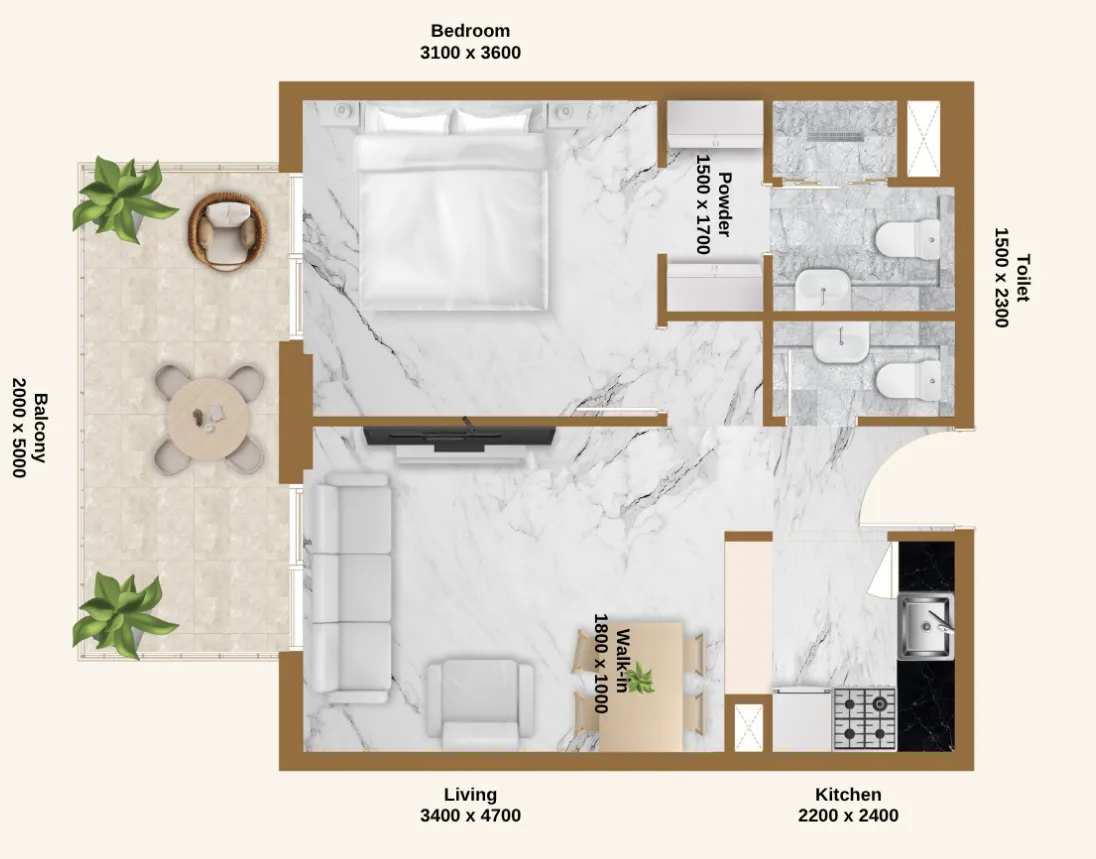 RR Residence 1 bed floor plan, 658 sqft