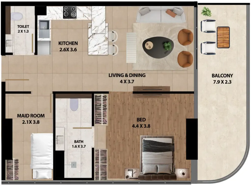 Marquis One 1 bed floor plan, 889 sqft