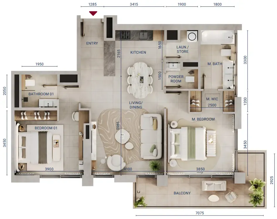 Mirdad 2 bed floor plan, 1,148 sqft